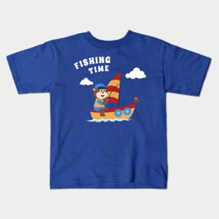 Vector cartoon illustration of cute monkey fishing on sailboat Kids T-Shirt